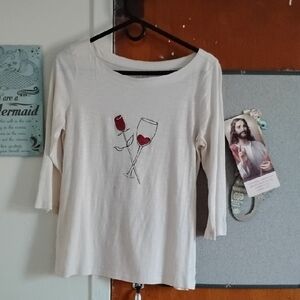 LOFT Cream Blouse with Red Wine Glass Design